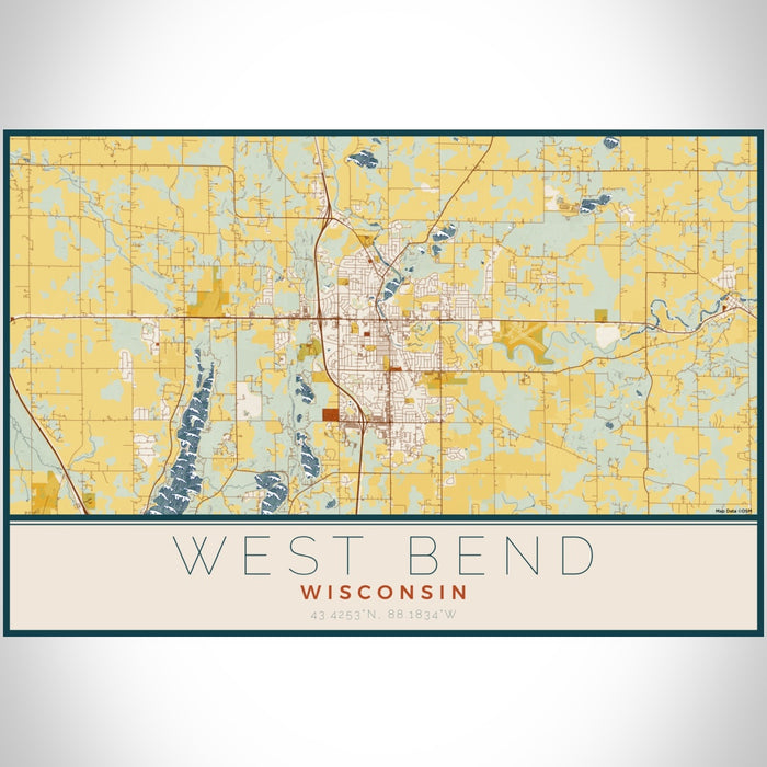 West Bend Wisconsin Map Print Landscape Orientation in Woodblock Style With Shaded Background