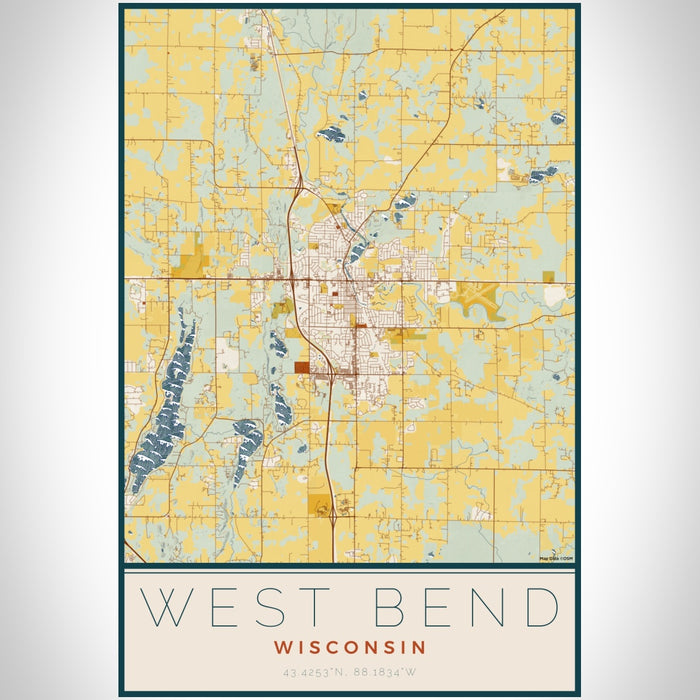 West Bend Wisconsin Map Print Portrait Orientation in Woodblock Style With Shaded Background