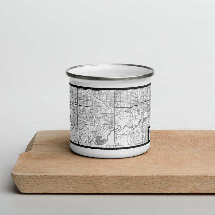 Front View Custom West Des Moines Iowa Map Enamel Mug in Classic on Cutting Board