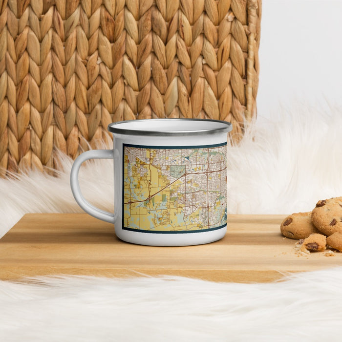 Left View Custom West Des Moines Iowa Map Enamel Mug in Woodblock on Table Top