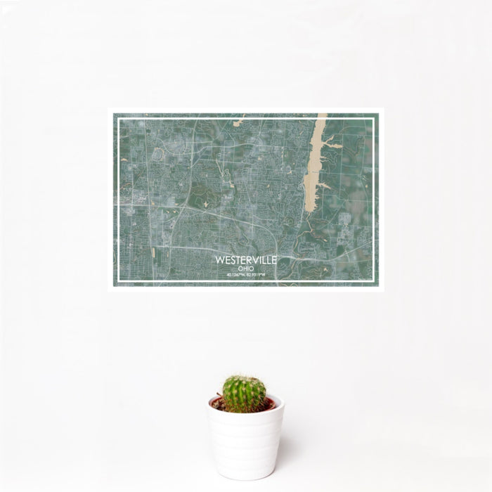 12x18 Westerville Ohio Map Print Landscape Orientation in Afternoon Style With Small Cactus Plant in White Planter