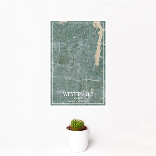 12x18 Westerville Ohio Map Print Portrait Orientation in Afternoon Style With Small Cactus Plant in White Planter