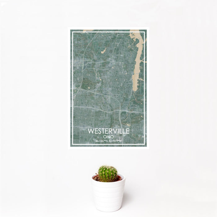 12x18 Westerville Ohio Map Print Portrait Orientation in Afternoon Style With Small Cactus Plant in White Planter