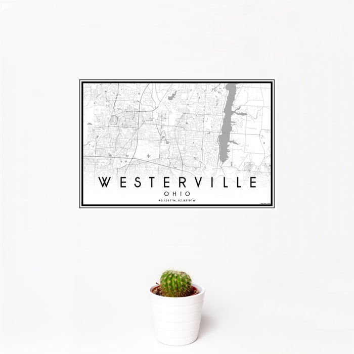 12x18 Westerville Ohio Map Print Landscape Orientation in Classic Style With Small Cactus Plant in White Planter