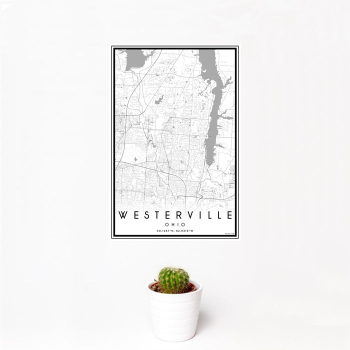 12x18 Westerville Ohio Map Print Portrait Orientation in Classic Style With Small Cactus Plant in White Planter