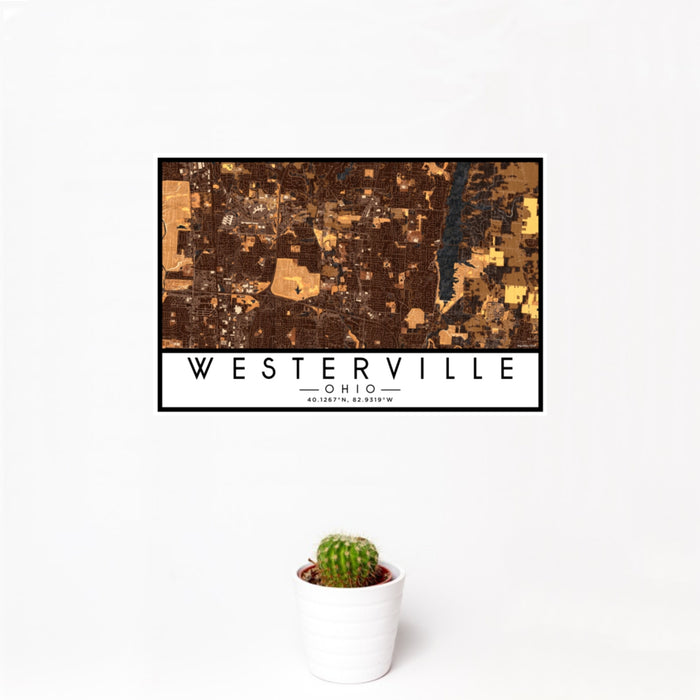 12x18 Westerville Ohio Map Print Landscape Orientation in Ember Style With Small Cactus Plant in White Planter