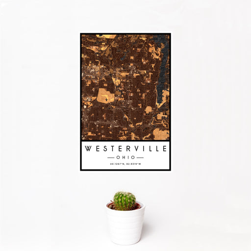 12x18 Westerville Ohio Map Print Portrait Orientation in Ember Style With Small Cactus Plant in White Planter