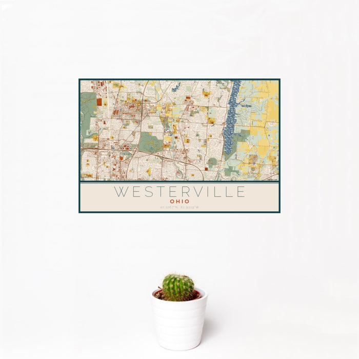 12x18 Westerville Ohio Map Print Landscape Orientation in Woodblock Style With Small Cactus Plant in White Planter