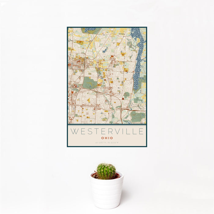 12x18 Westerville Ohio Map Print Portrait Orientation in Woodblock Style With Small Cactus Plant in White Planter