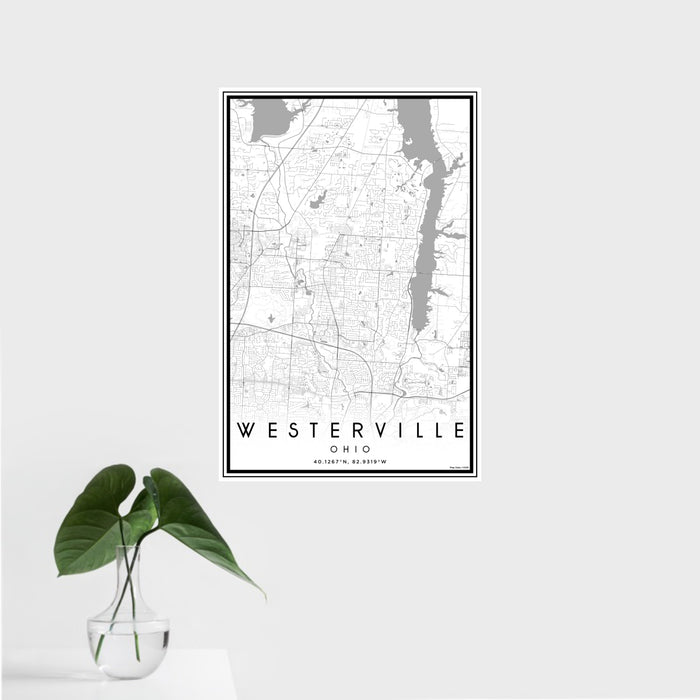 16x24 Westerville Ohio Map Print Portrait Orientation in Classic Style With Tropical Plant Leaves in Water