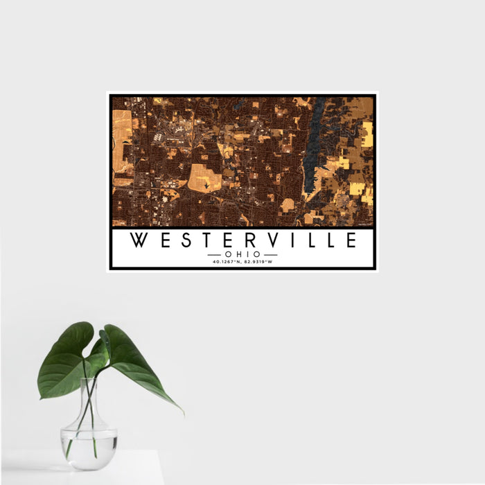 16x24 Westerville Ohio Map Print Landscape Orientation in Ember Style With Tropical Plant Leaves in Water