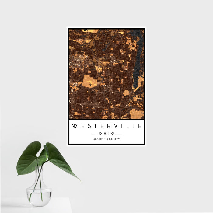 16x24 Westerville Ohio Map Print Portrait Orientation in Ember Style With Tropical Plant Leaves in Water