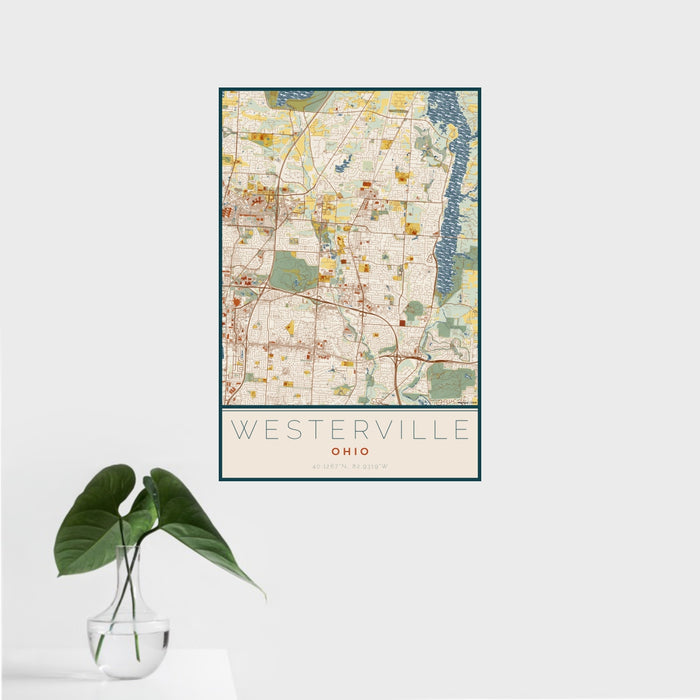 16x24 Westerville Ohio Map Print Portrait Orientation in Woodblock Style With Tropical Plant Leaves in Water