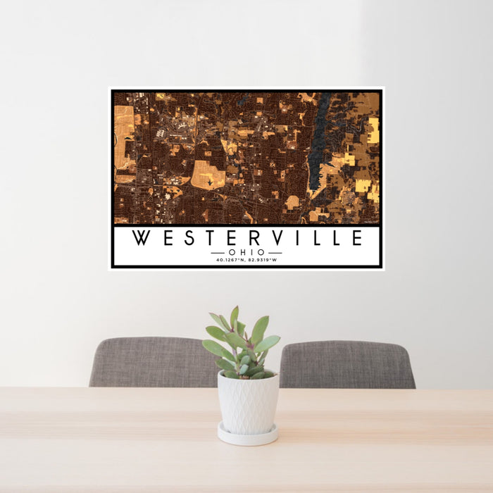 24x36 Westerville Ohio Map Print Lanscape Orientation in Ember Style Behind 2 Chairs Table and Potted Plant