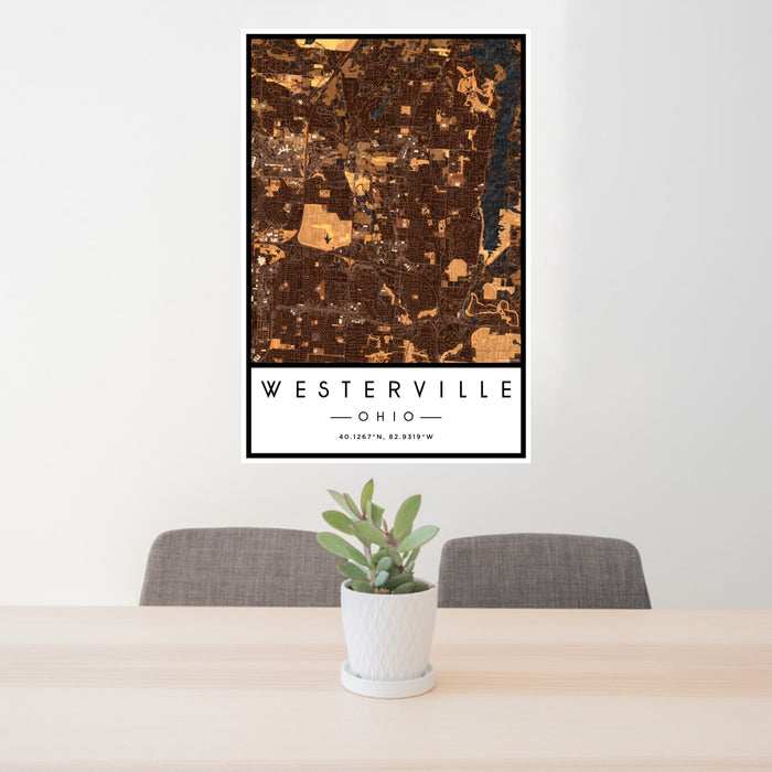 24x36 Westerville Ohio Map Print Portrait Orientation in Ember Style Behind 2 Chairs Table and Potted Plant