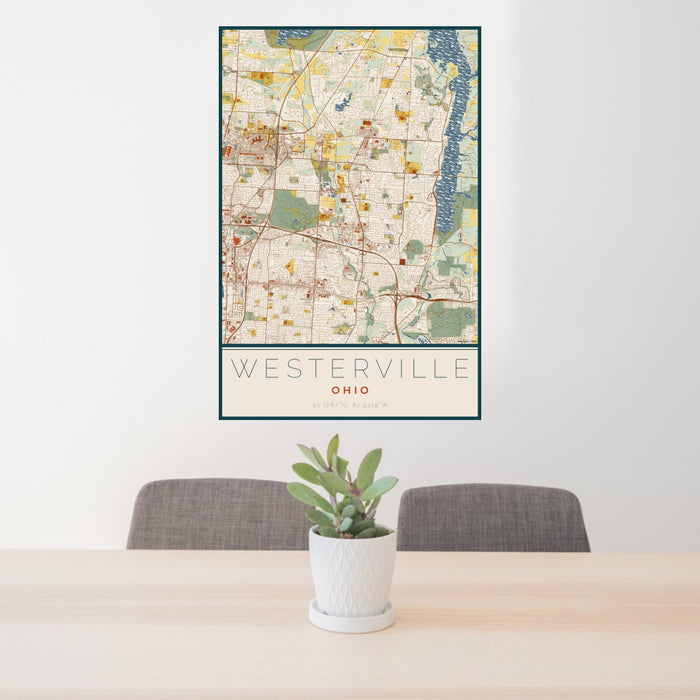 24x36 Westerville Ohio Map Print Portrait Orientation in Woodblock Style Behind 2 Chairs Table and Potted Plant