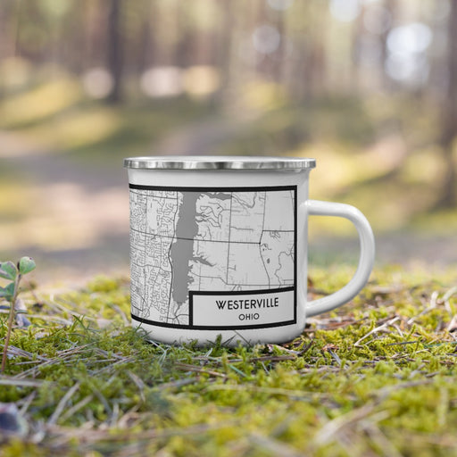 Right View Custom Westerville Ohio Map Enamel Mug in Classic on Grass With Trees in Background
