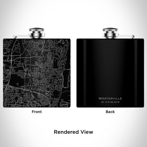 Rendered View of Westerville Ohio Map Engraving on 6oz Stainless Steel Flask in Black