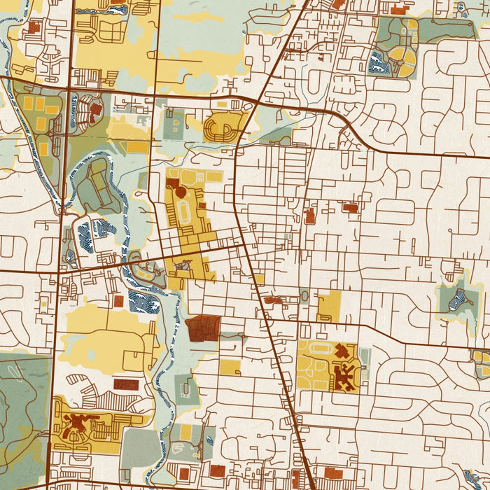 Westerville Ohio Map Print in Woodblock Style Zoomed In Close Up Showing Details