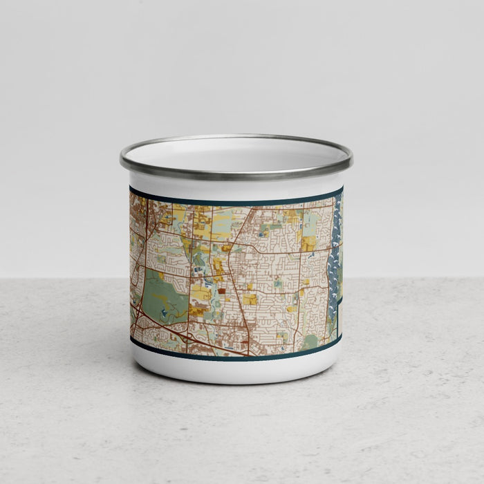 Front View Custom Westerville Ohio Map Enamel Mug in Woodblock
