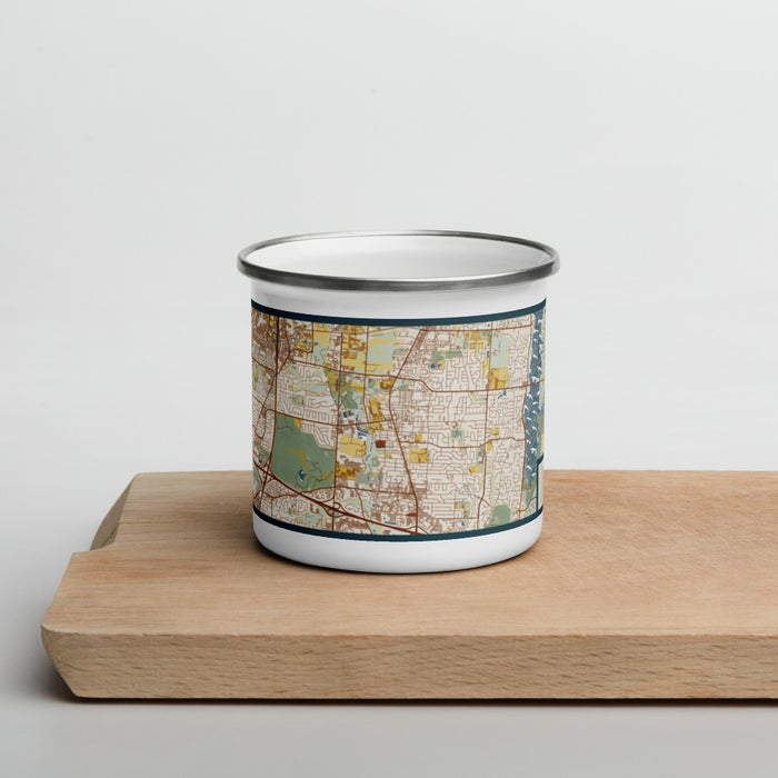 Front View Custom Westerville Ohio Map Enamel Mug in Woodblock on Cutting Board