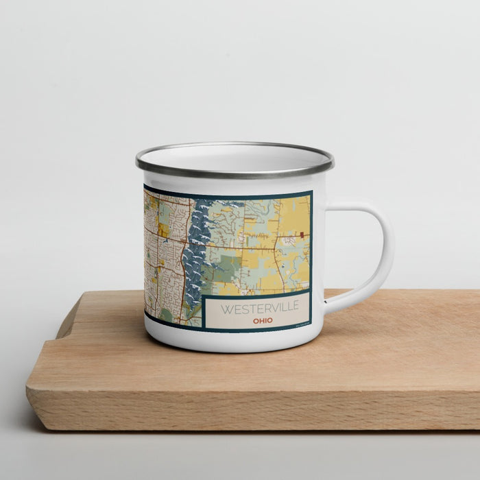 Right View Custom Westerville Ohio Map Enamel Mug in Woodblock