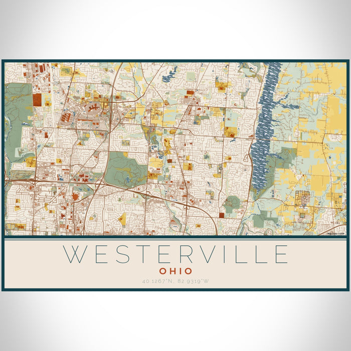 Westerville Ohio Map Print Landscape Orientation in Woodblock Style With Shaded Background