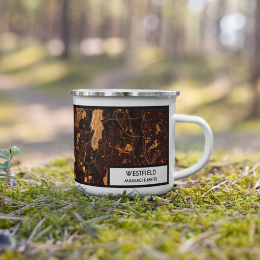 Right View Custom Westfield Massachusetts Map Enamel Mug in Ember on Grass With Trees in Background