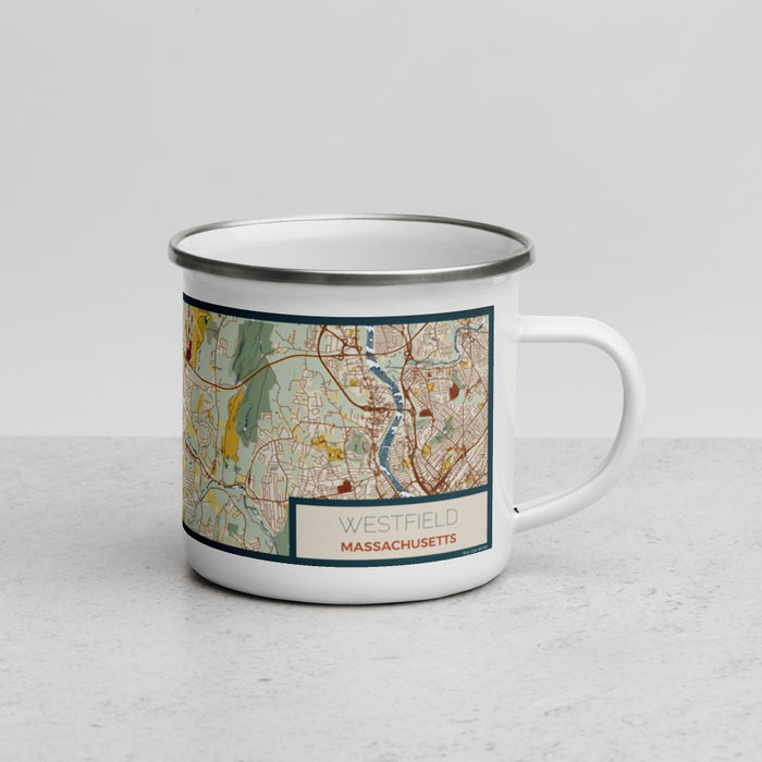 Right View Custom Westfield Massachusetts Map Enamel Mug in Woodblock
