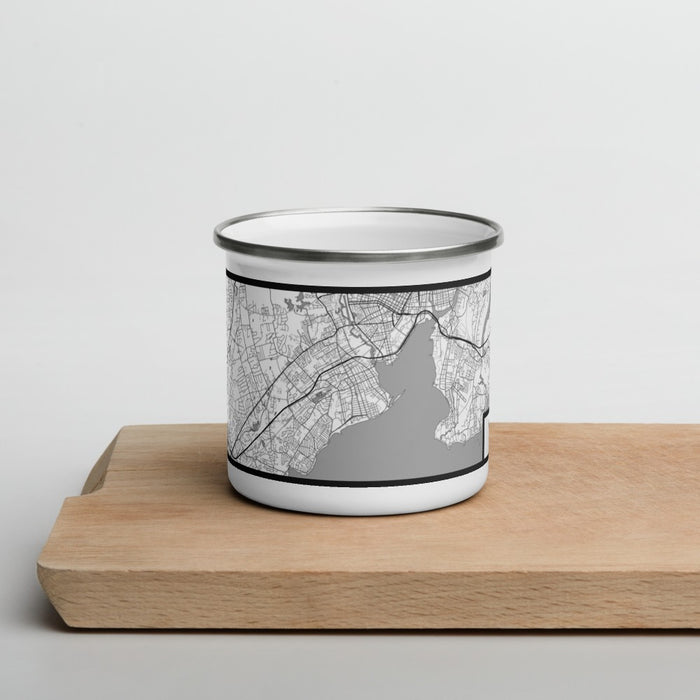 Front View Custom West Haven Connecticut Map Enamel Mug in Classic on Cutting Board