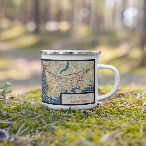 Right View Custom West Haven Connecticut Map Enamel Mug in Woodblock on Grass With Trees in Background