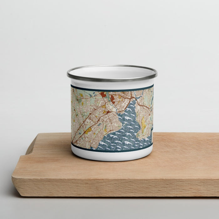 Front View Custom West Haven Connecticut Map Enamel Mug in Woodblock on Cutting Board