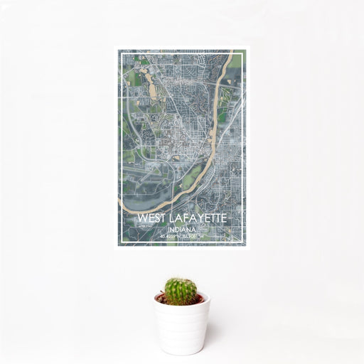 12x18 West Lafayette Indiana Map Print Portrait Orientation in Afternoon Style With Small Cactus Plant in White Planter