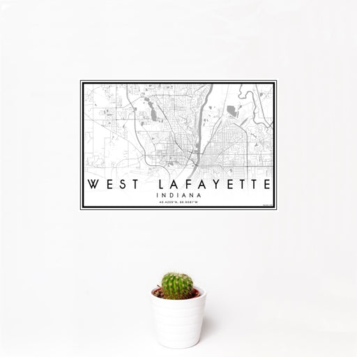 12x18 West Lafayette Indiana Map Print Landscape Orientation in Classic Style With Small Cactus Plant in White Planter