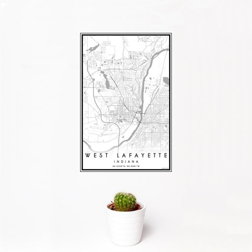 12x18 West Lafayette Indiana Map Print Portrait Orientation in Classic Style With Small Cactus Plant in White Planter