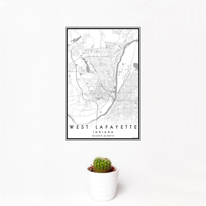 12x18 West Lafayette Indiana Map Print Portrait Orientation in Classic Style With Small Cactus Plant in White Planter