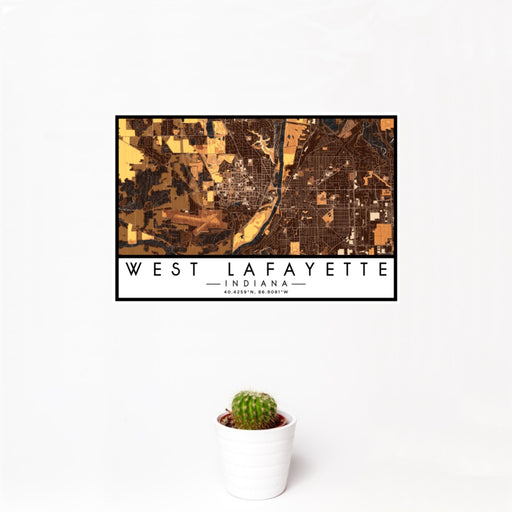 12x18 West Lafayette Indiana Map Print Landscape Orientation in Ember Style With Small Cactus Plant in White Planter