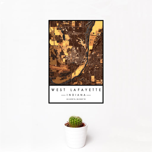 12x18 West Lafayette Indiana Map Print Portrait Orientation in Ember Style With Small Cactus Plant in White Planter