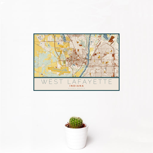 12x18 West Lafayette Indiana Map Print Landscape Orientation in Woodblock Style With Small Cactus Plant in White Planter