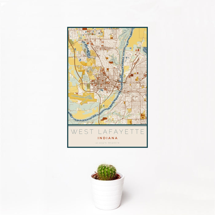 12x18 West Lafayette Indiana Map Print Portrait Orientation in Woodblock Style With Small Cactus Plant in White Planter