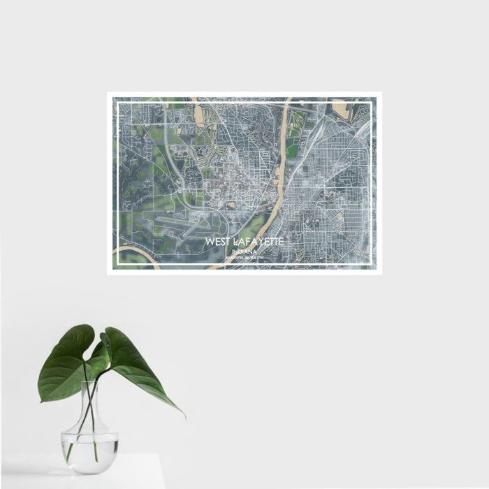 16x24 West Lafayette Indiana Map Print Landscape Orientation in Afternoon Style With Tropical Plant Leaves in Water