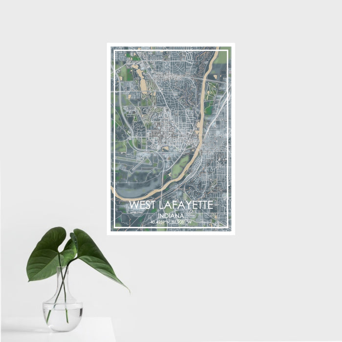 16x24 West Lafayette Indiana Map Print Portrait Orientation in Afternoon Style With Tropical Plant Leaves in Water