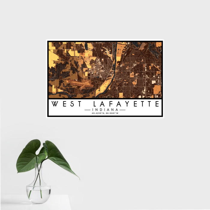 16x24 West Lafayette Indiana Map Print Landscape Orientation in Ember Style With Tropical Plant Leaves in Water