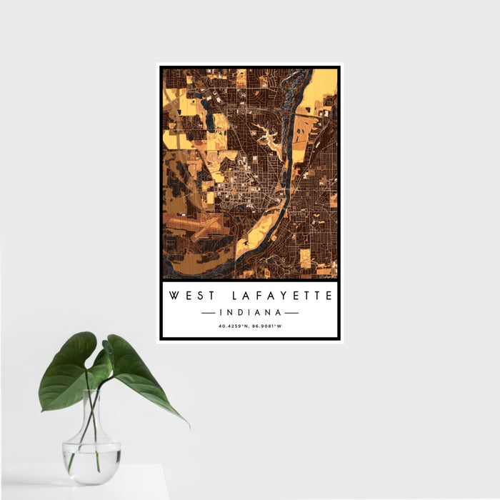 16x24 West Lafayette Indiana Map Print Portrait Orientation in Ember Style With Tropical Plant Leaves in Water