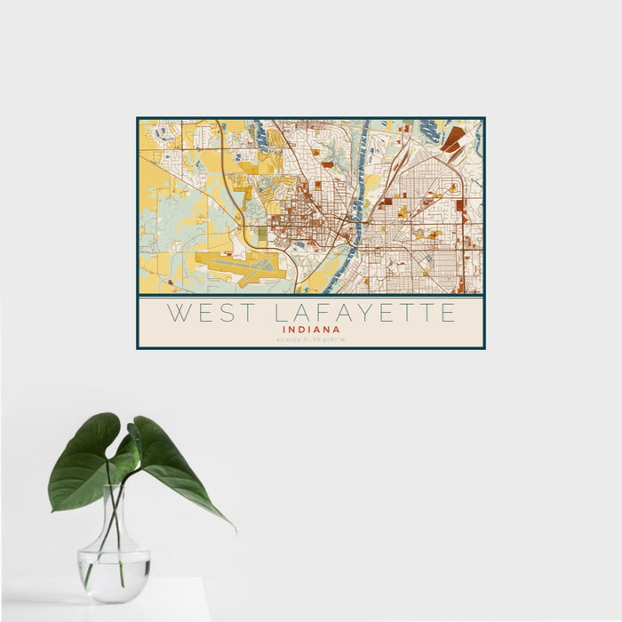 16x24 West Lafayette Indiana Map Print Landscape Orientation in Woodblock Style With Tropical Plant Leaves in Water