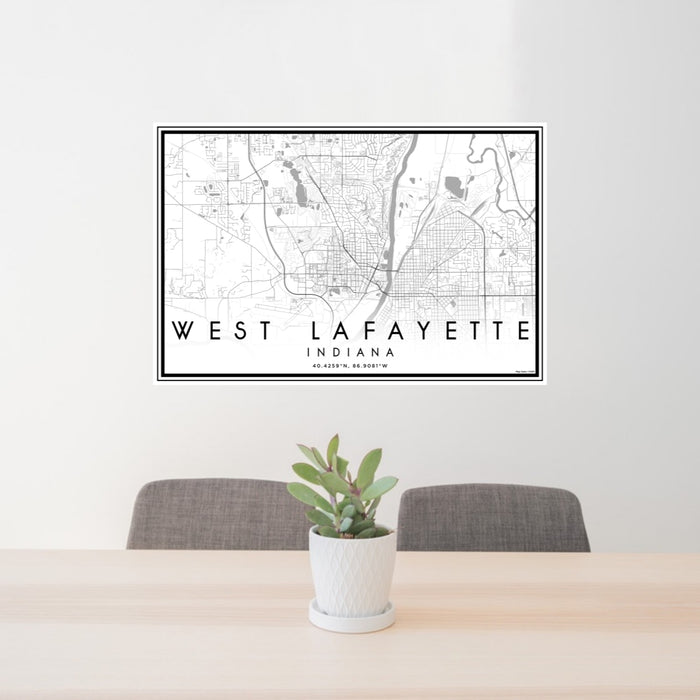 24x36 West Lafayette Indiana Map Print Lanscape Orientation in Classic Style Behind 2 Chairs Table and Potted Plant
