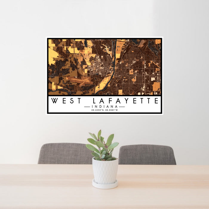 24x36 West Lafayette Indiana Map Print Lanscape Orientation in Ember Style Behind 2 Chairs Table and Potted Plant
