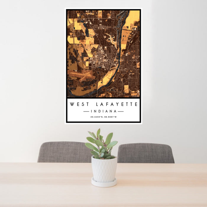 24x36 West Lafayette Indiana Map Print Portrait Orientation in Ember Style Behind 2 Chairs Table and Potted Plant