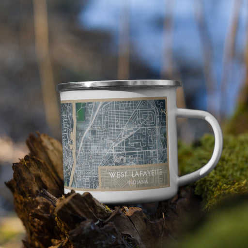 Right View Custom West Lafayette Indiana Map Enamel Mug in Afternoon on Grass With Trees in Background