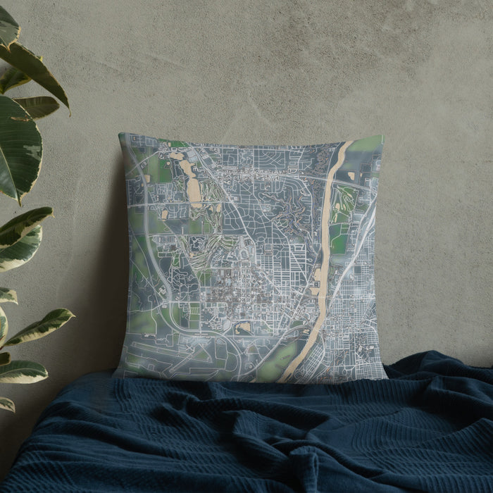 Custom West Lafayette Indiana Map Throw Pillow in Afternoon on Bedding Against Wall